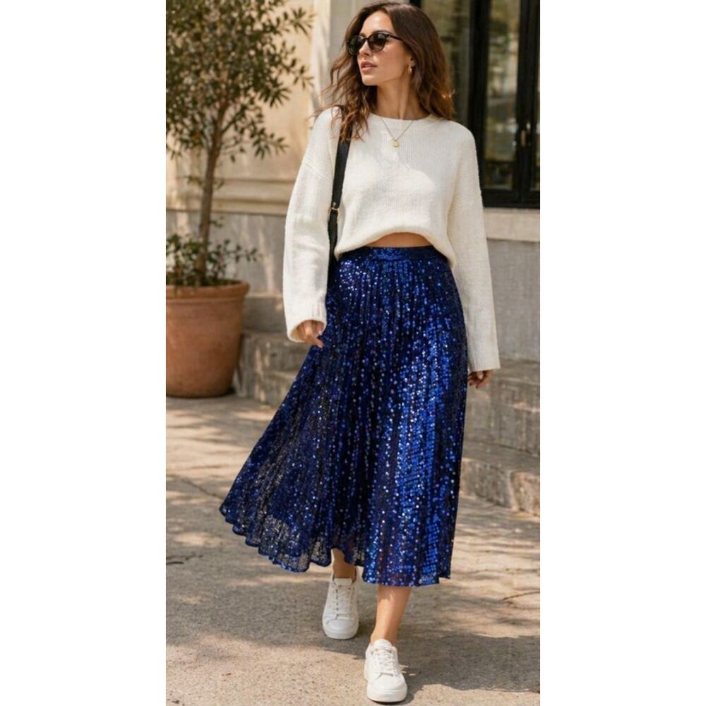 Guess Blue Sequin Pleated Midi Skirt ✨ Street Style Glam Size 4